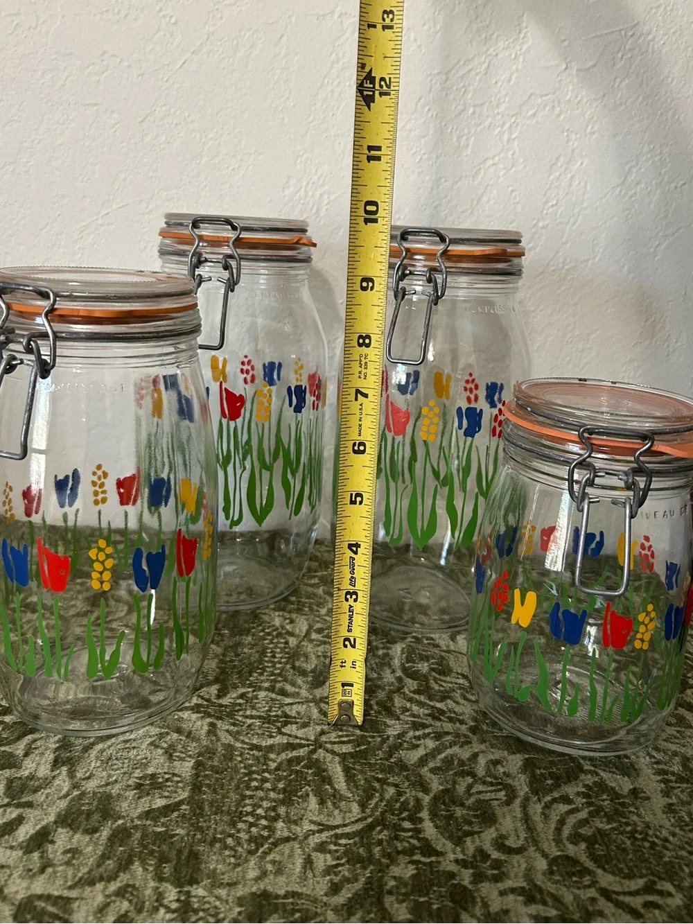 Vintage 1970s ARC France Tulip Floral Glass Canister Jars - Lot of 4